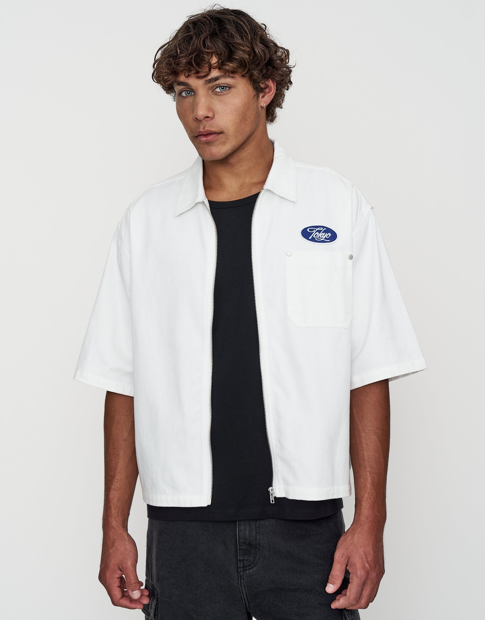 Tokyo Cropped Mechanic Zip Up Shirt in Off White | Hallensteins NZ