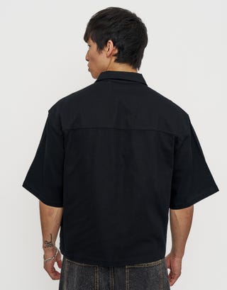 Tokyo Cropped Mechanic Zip Up Shirt in Solid Black Back