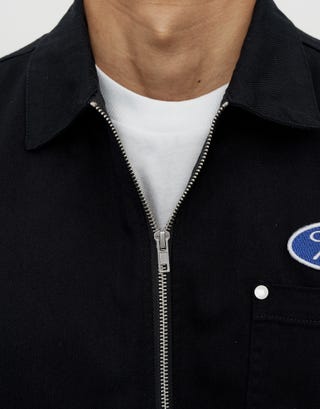 Tokyo Cropped Mechanic Zip Up Shirt in Solid Black Detail