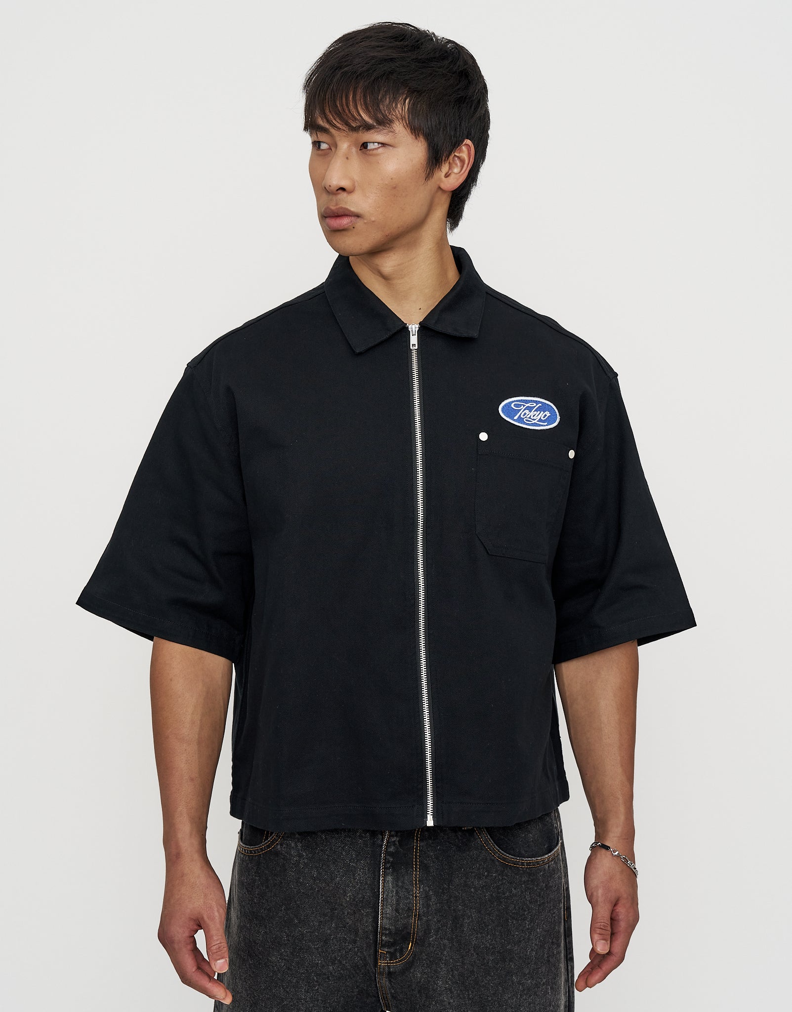 Tokyo Cropped Mechanic Zip Up Shirt in Solid Black | Hallensteins NZ