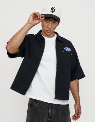 Tokyo Cropped Mechanic Zip Up Shirt in Solid Black Front