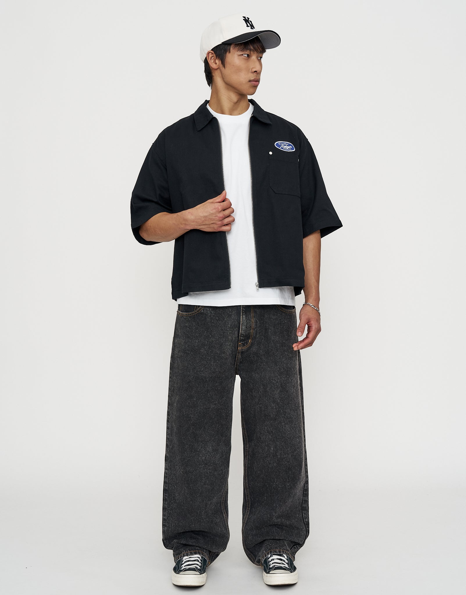 Tokyo Cropped Mechanic Zip Up Shirt in Solid Black | Hallensteins NZ