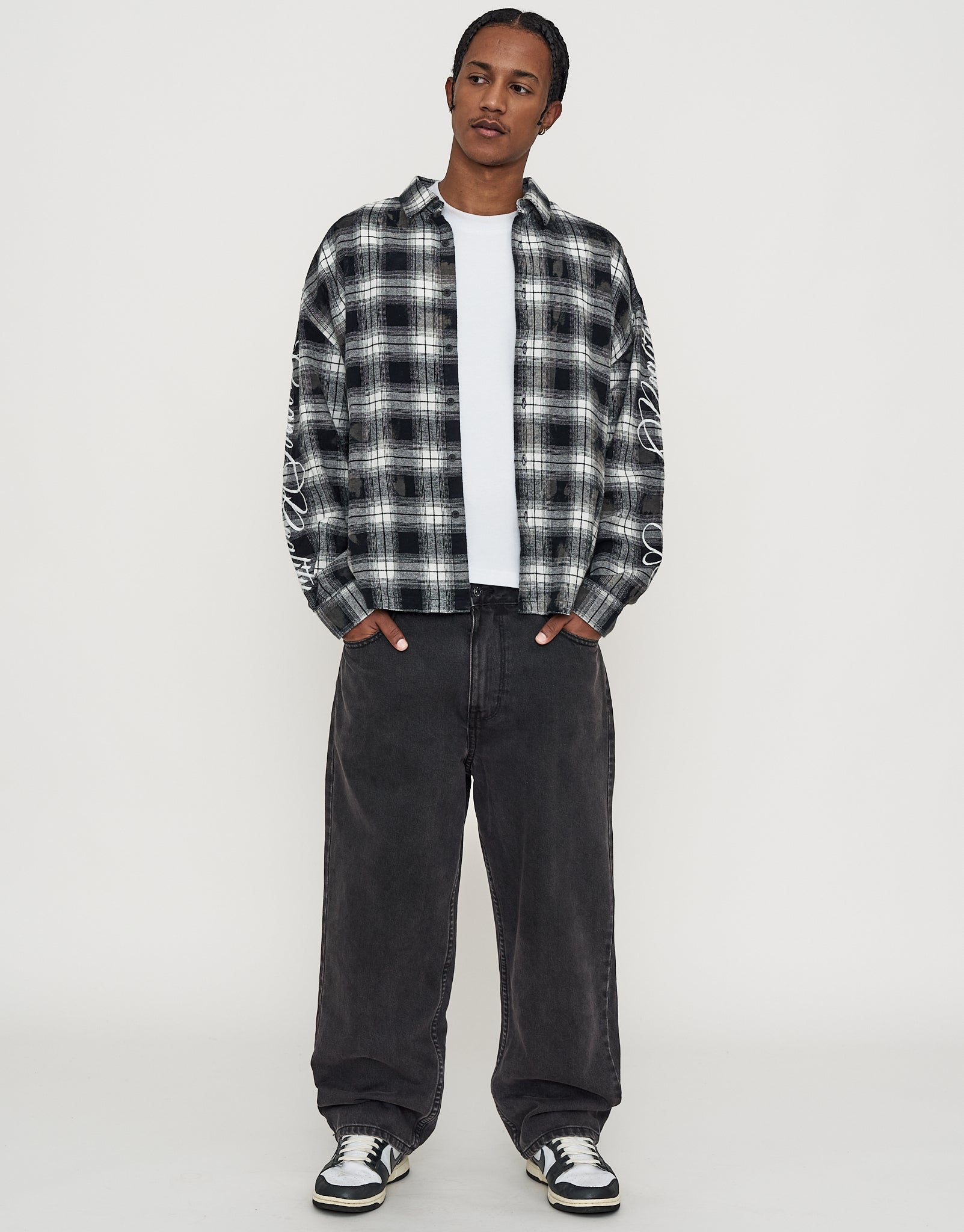 Script Check Oversized Long Sleeve Shirt in Black Check