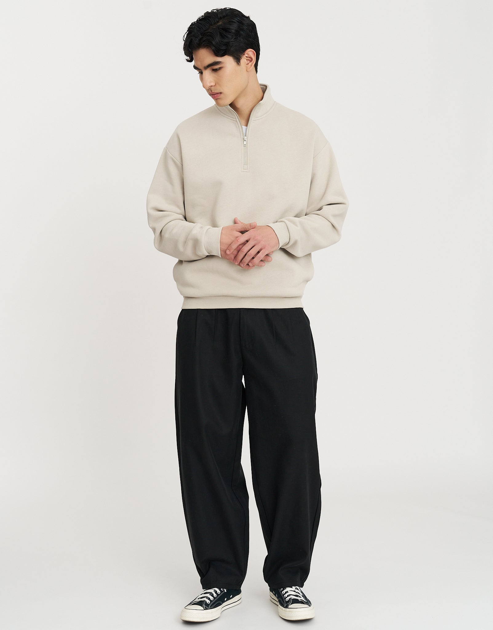 Essential Oversized Quarter Zip Sweat in Ecru | Hallensteins NZ