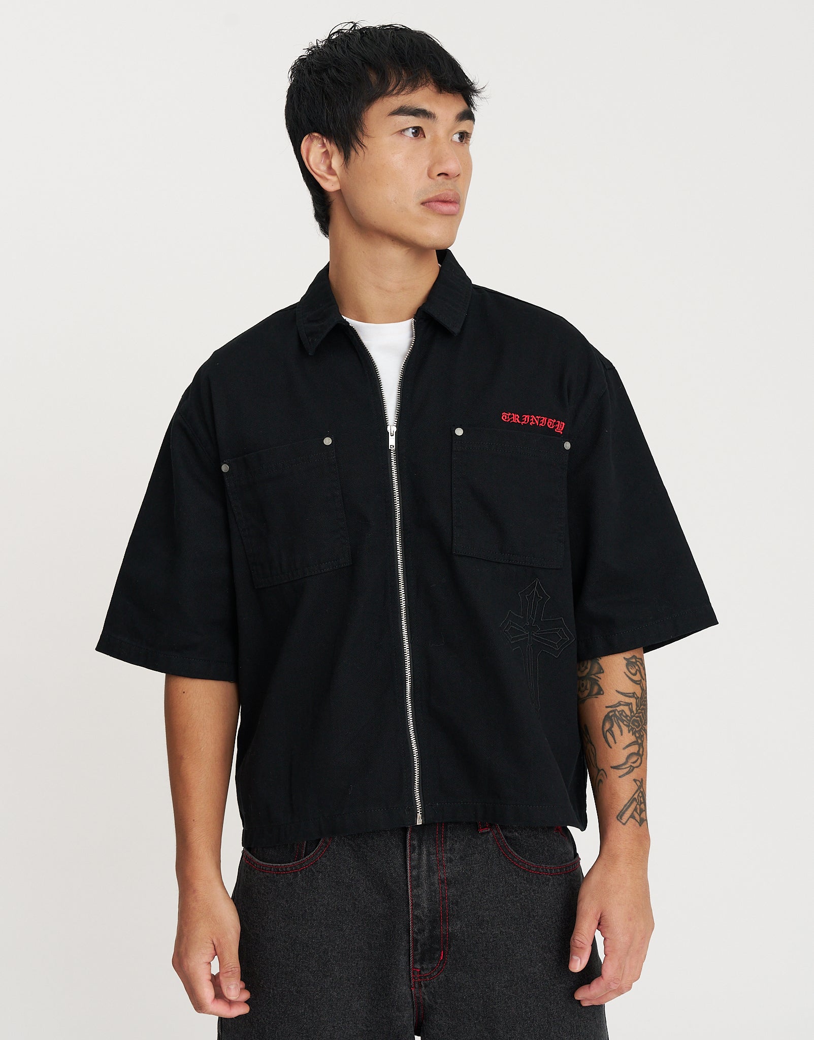Cropped Zip Up Short Sleeve Shirt in Black | Hallensteins NZ