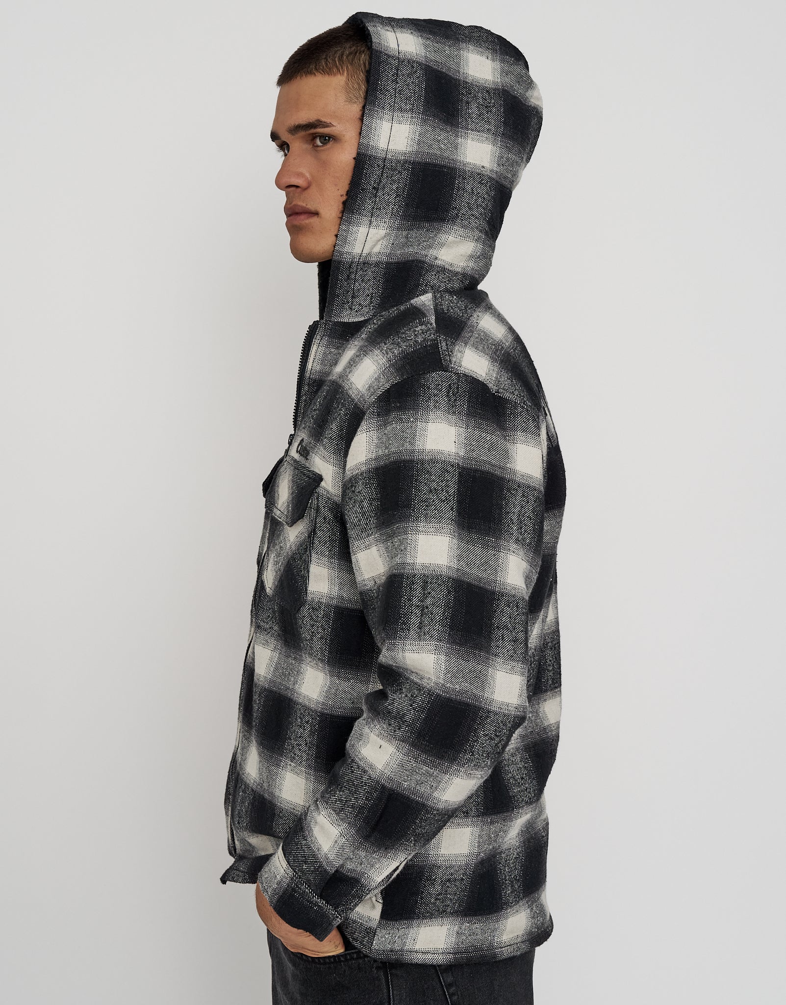Elusive Check Sherpa Zip Up Jacket in Black Check | Hallensteins NZ