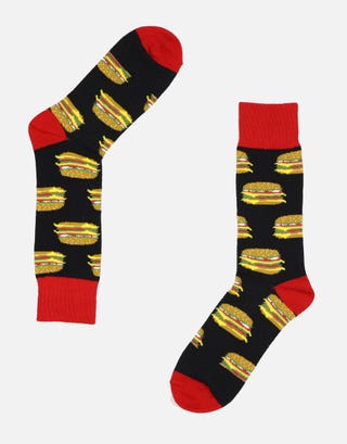 Burger Pattern Dress Socks in Black Full