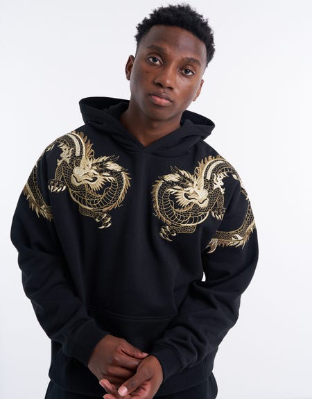 Dragon Gold Embroidered Oversized Hoodie in Black