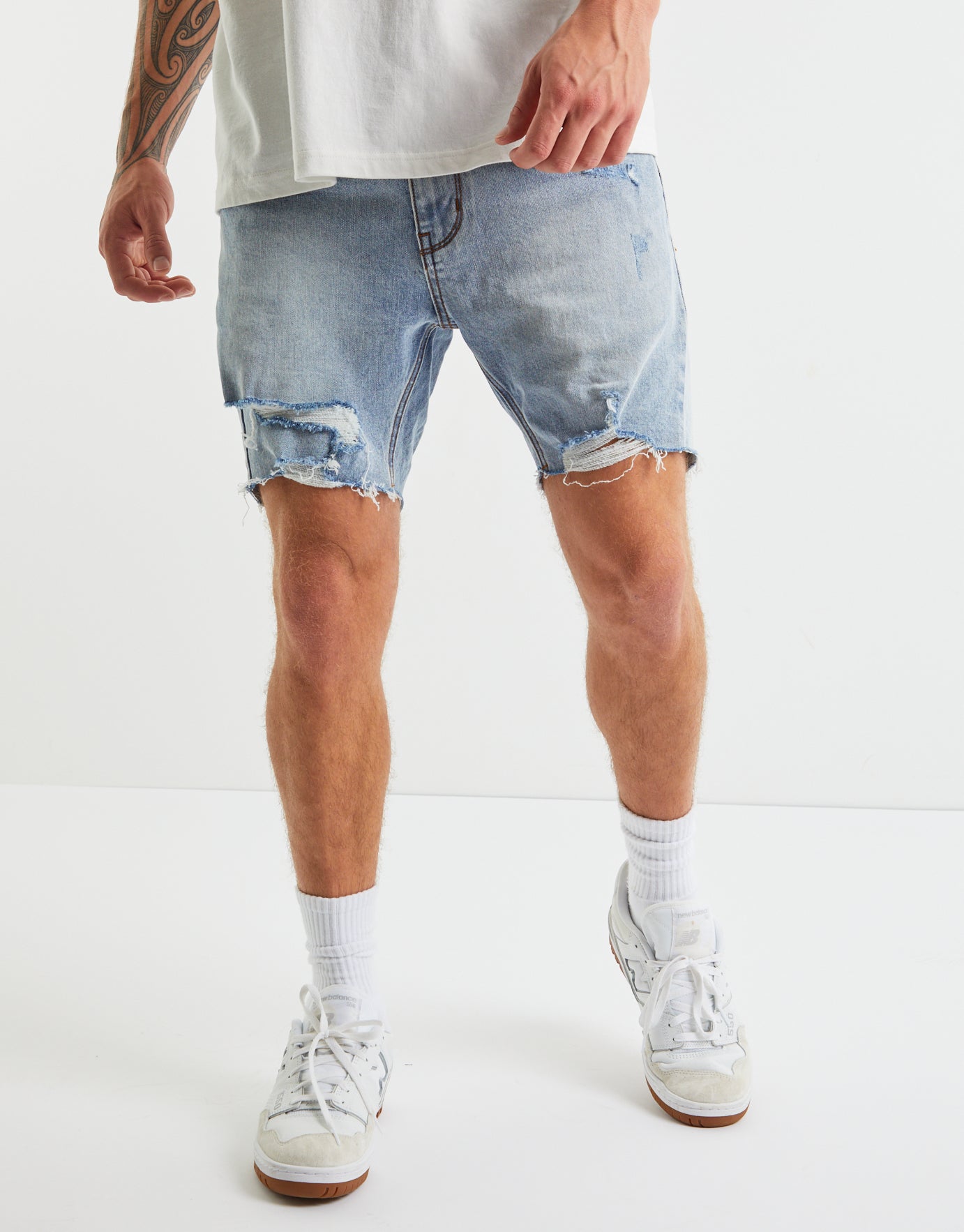 Ripped Skinny Fit Denim Shorts in Blue | Hallensteins AU