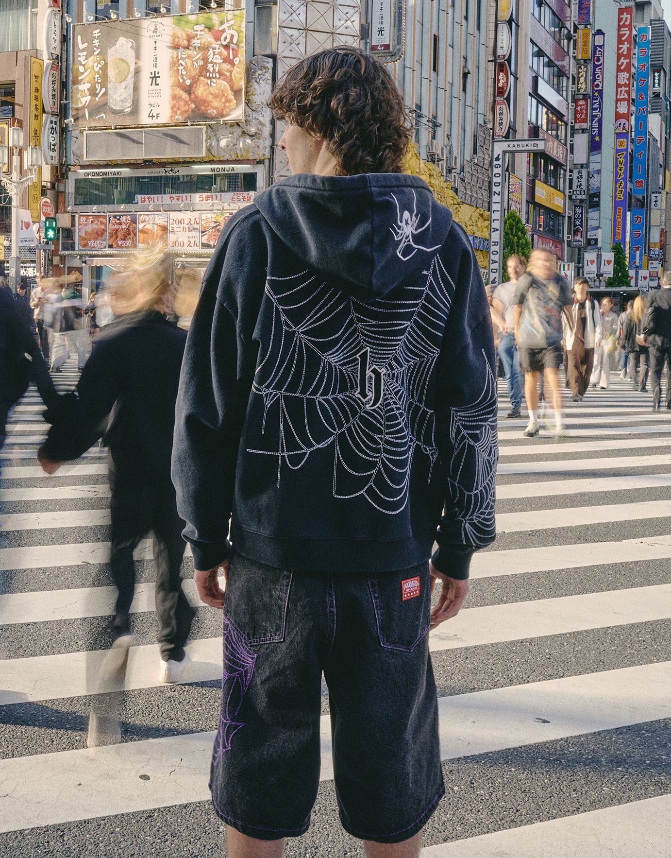 Cobweb Oversized Cropped Zip Up Hoodie in Black | Hallensteins NZ