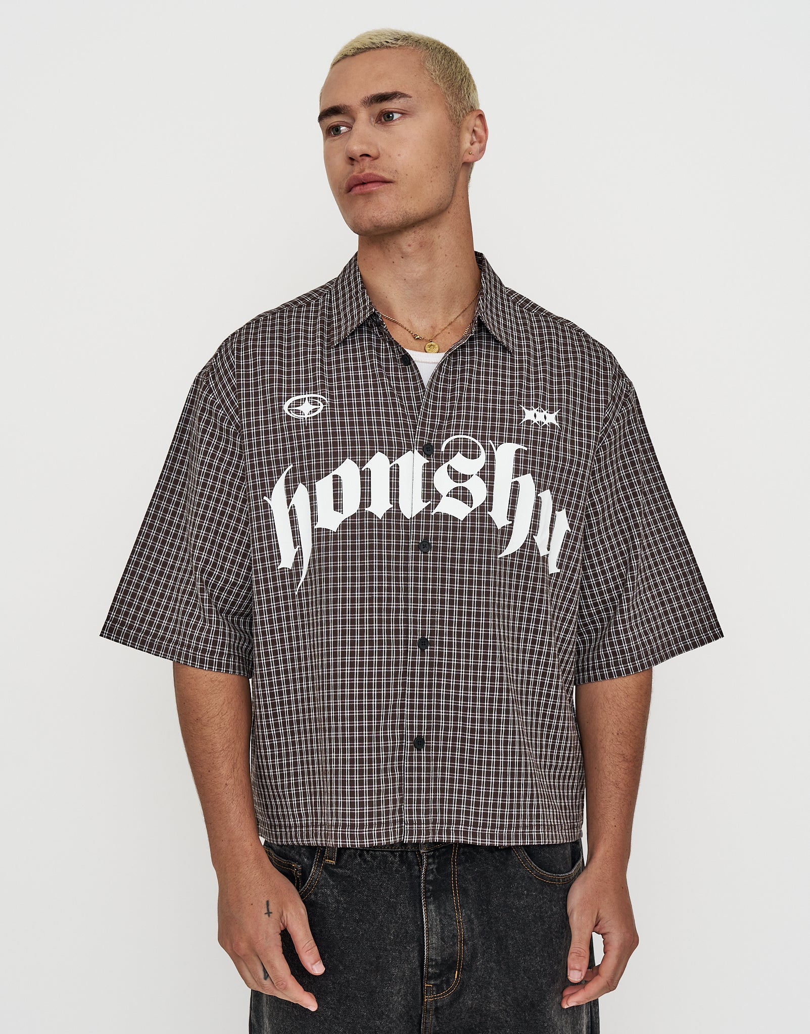 Honshu Cropped Short Sleeve Shirt in Brown | Hallensteins NZ