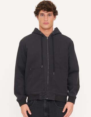 Heavy Fleece Lined Hooded Canvas Jacket in Black Detail2