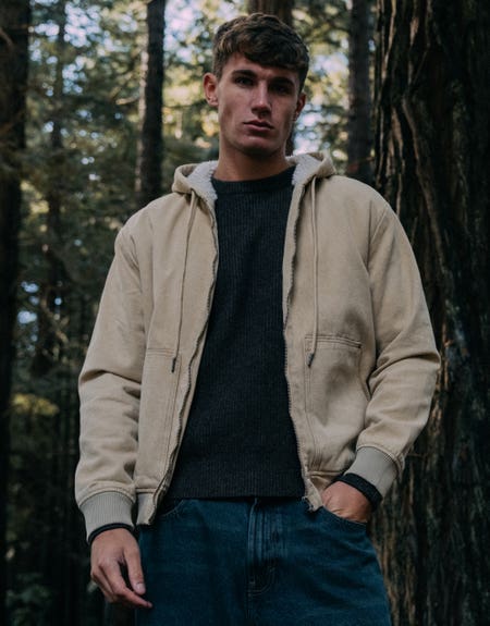 Heavy Fleece Lined Hooded Canvas Jacket in Tan Front