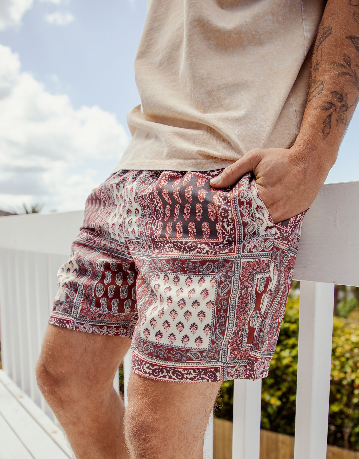Square Paisley Swim Short in Red 