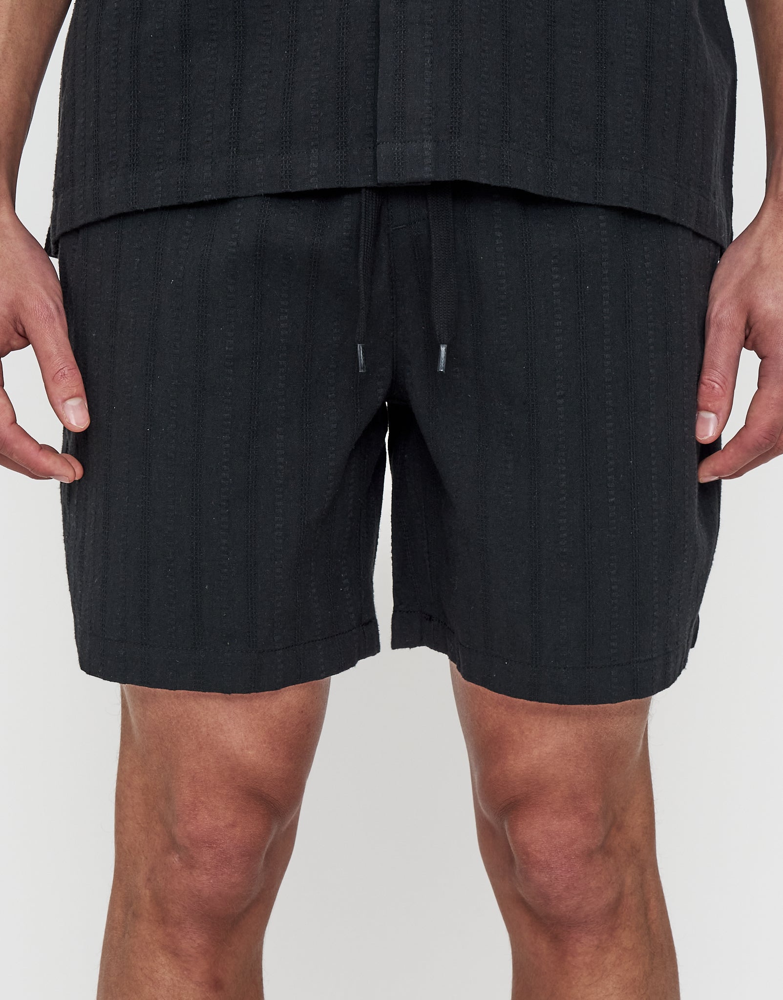 Jacquard Stripe Elastic Waist Shorts in Black | Hallensteins NZ