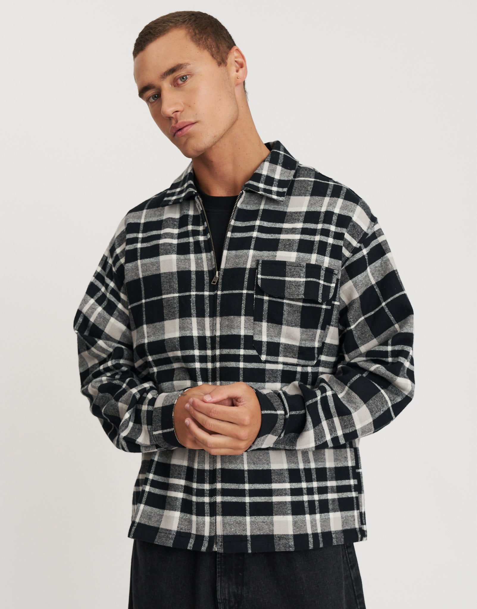 Check Zip Up Long Sleeve Overshirt in Black | Hallensteins NZ