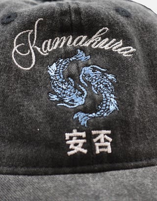 Dragon embroidered Cap in Washed Black Detail