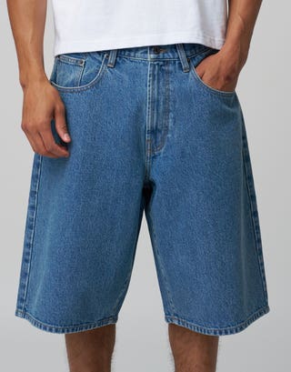 Baggy Fit Contrast Stitch Jorts in Lt Blue Back