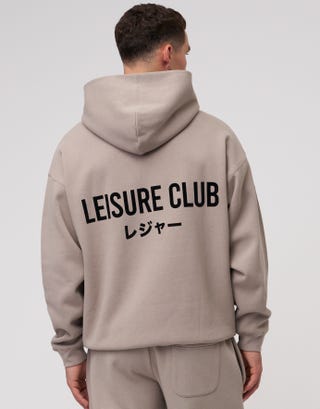 Leisure Club Print Oversized Hoodie in Dark Ecru Detail2