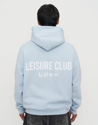 Leisure Club Print Oversized Hoodie in Fog Blue Front