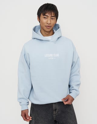 Leisure Club Print Oversized Hoodie in Fog Blue Full