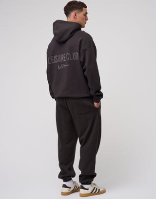 Leisure Club Print Oversized Hoodie in Washed Black Detail2