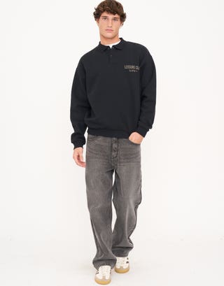 Heavyweight Leisure Club Long Sleeve Polo in Black Detail2