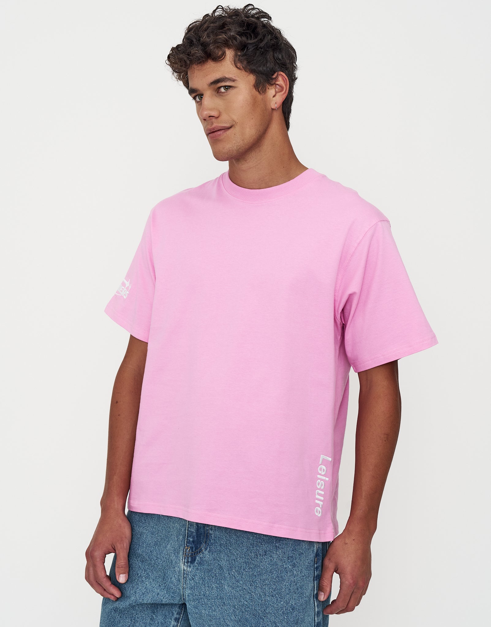 Leisure Embroidered Relaxed Fit T Shirt in Lotus Pink