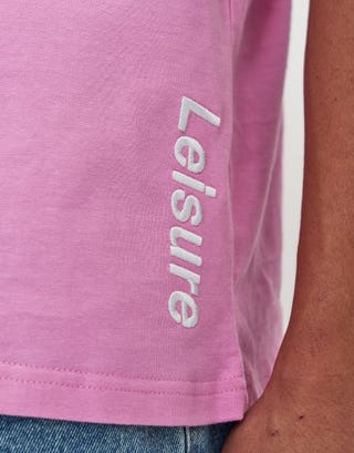 Leisure Embroidered Relaxed Fit T Shirt in Lotus Pink Detail