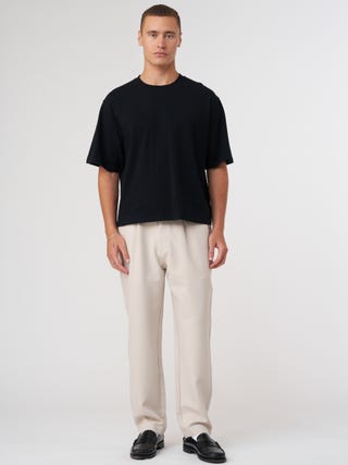 Relaxed Fit Elastic Waist Pants in Beige Full