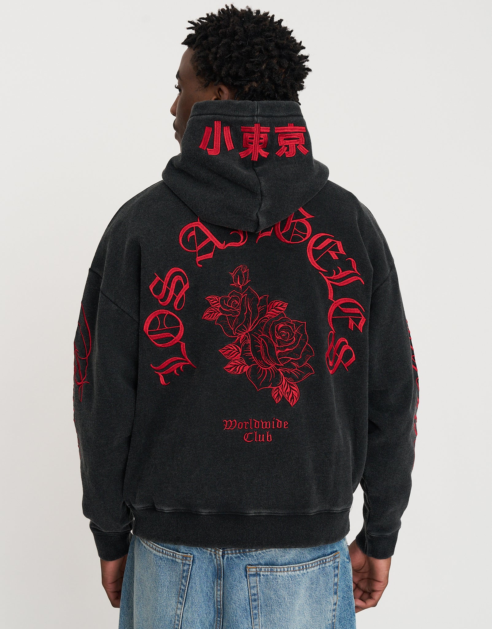 Los Angeles Rose Oversized Hoodie in Washed Black | Hallensteins NZ
