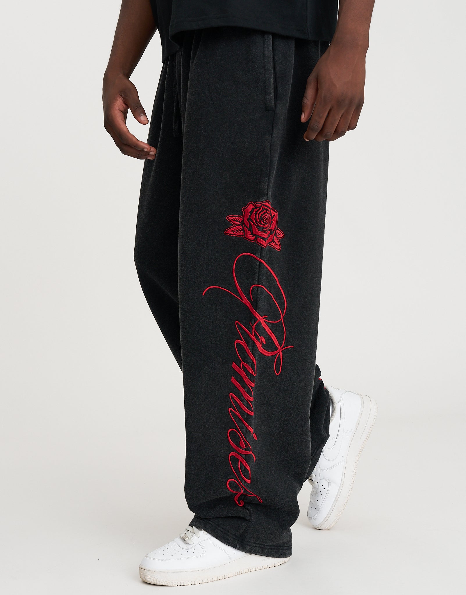 Los Angeles Rose Wide Leg Track Pants in Washed Black