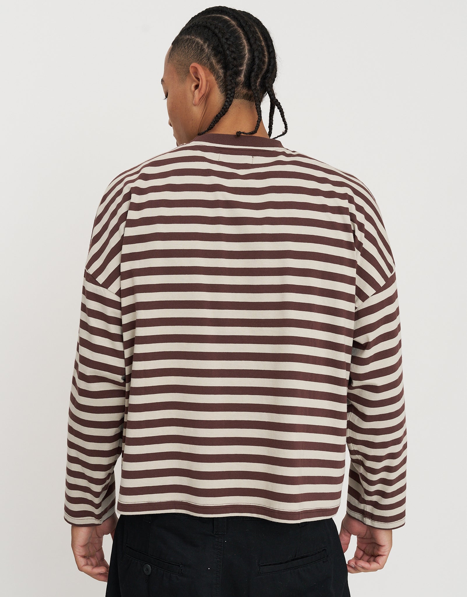 Striped Long Sleeve Cropped T Shirt in Ecru | Hallensteins NZ