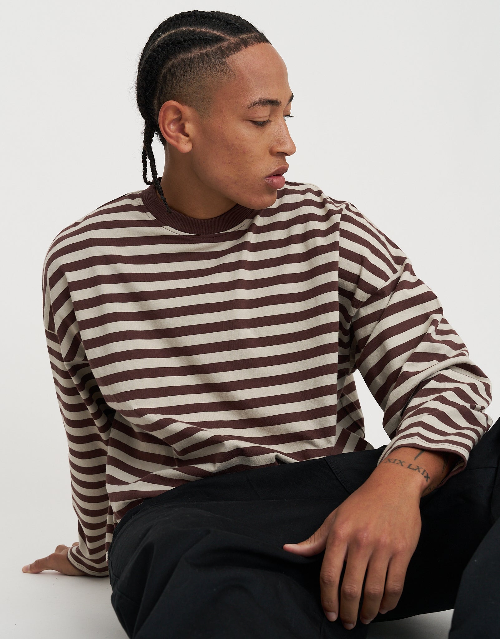 Striped Long Sleeve Cropped T Shirt in Ecru | Hallensteins NZ