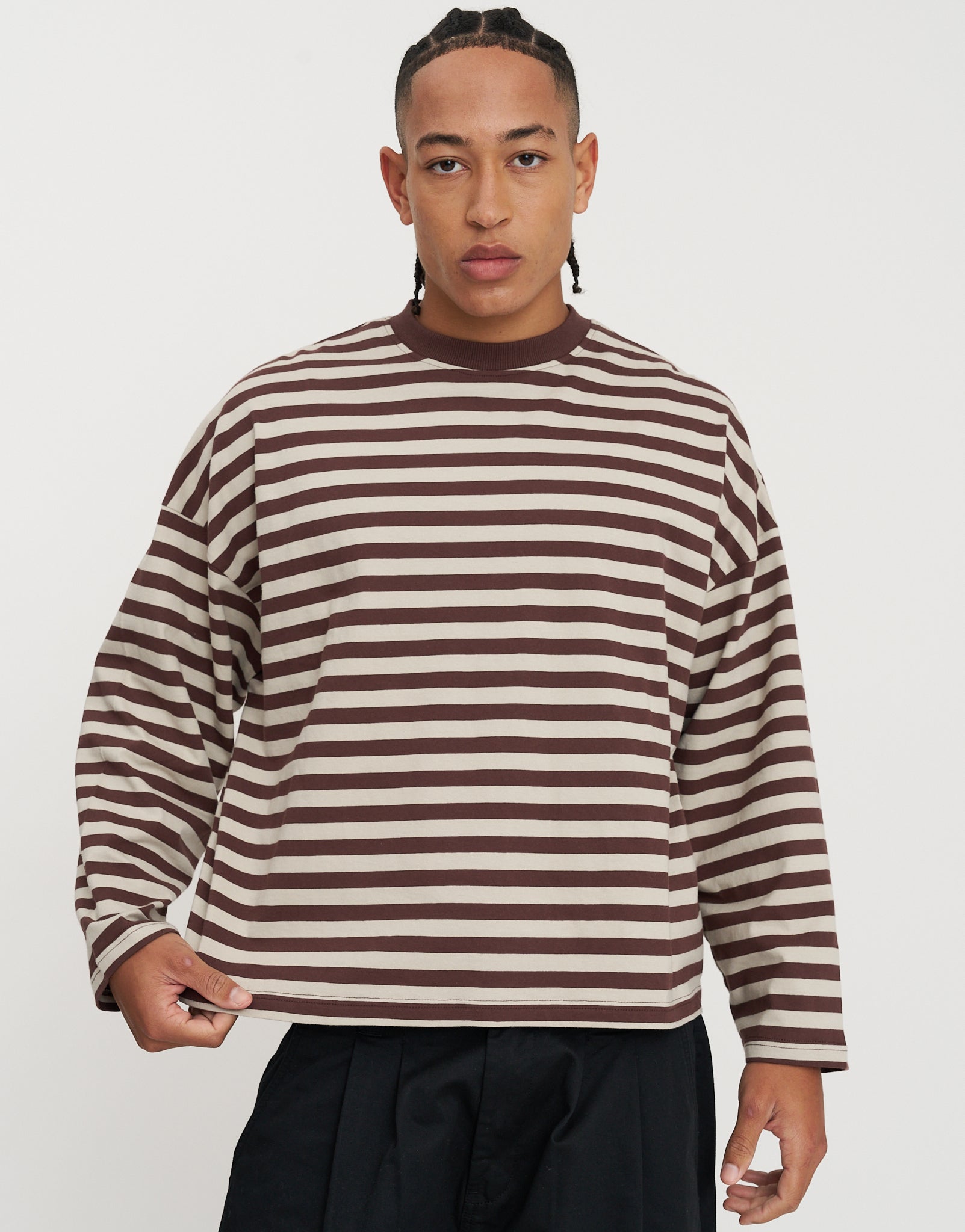 Striped Long Sleeve Cropped T Shirt in Ecru | Hallensteins NZ