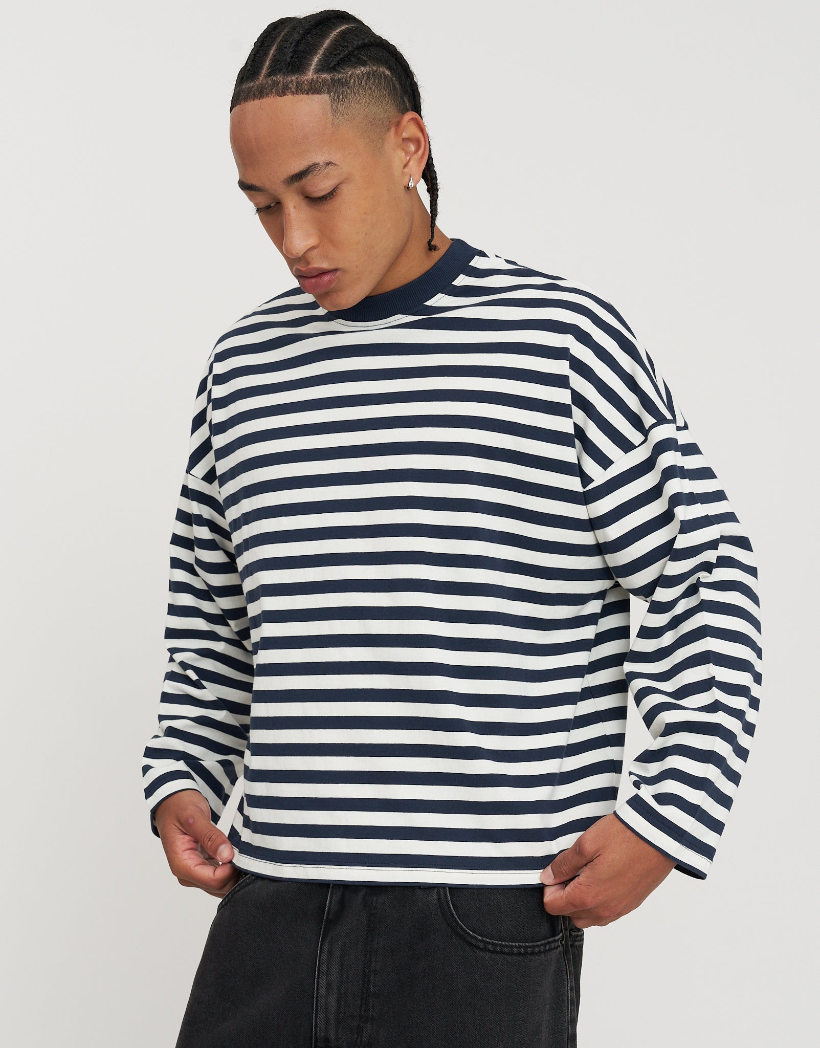 Striped Long Sleeve Cropped T Shirt in Snow | Hallensteins NZ