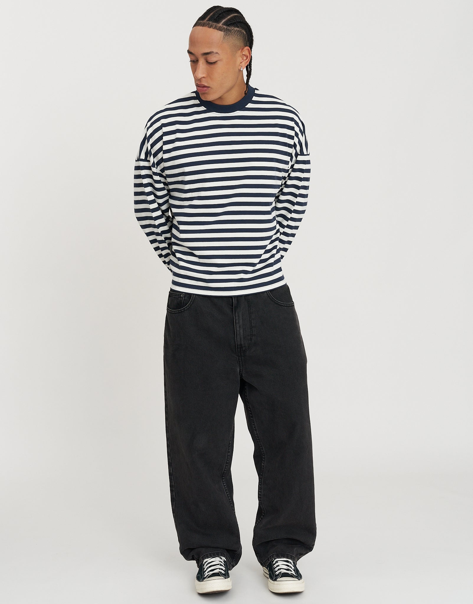 Striped Long Sleeve Cropped T Shirt in Snow | Hallensteins AU