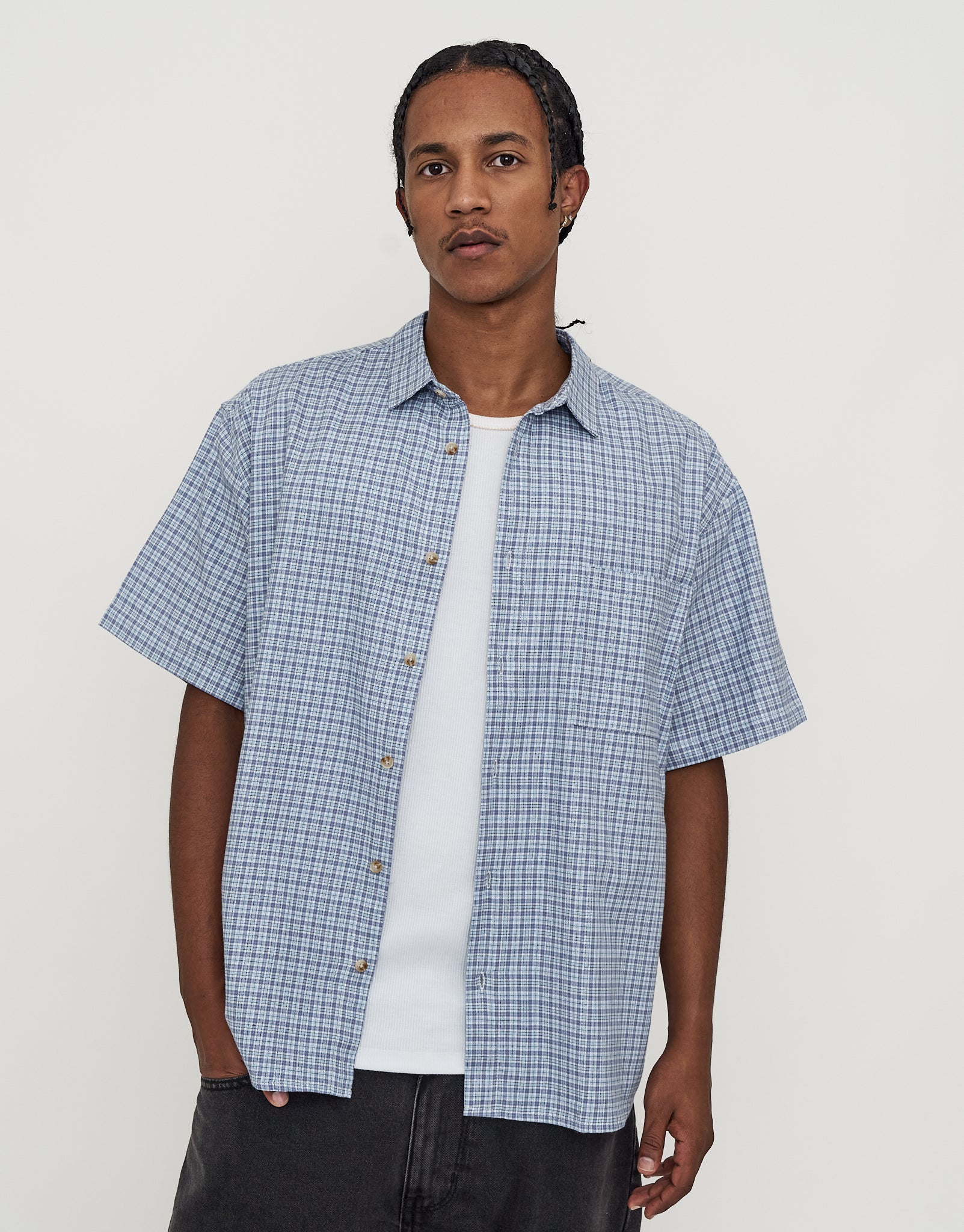 Cropped Check Short Sleeve Shirt in Light Green | Hallensteins NZ