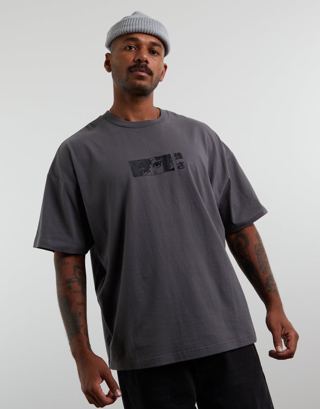 Manga Embroidered Box Fit T Shirt in Charcoal Hallensteins NZ