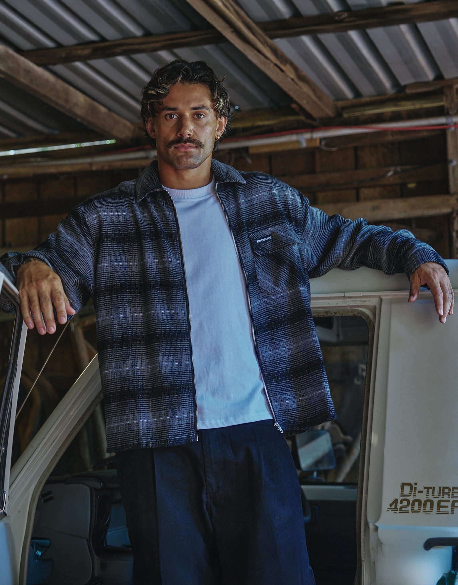 Check Zip Up Long Sleeve Overshirt in Grey Check | Hallensteins AU