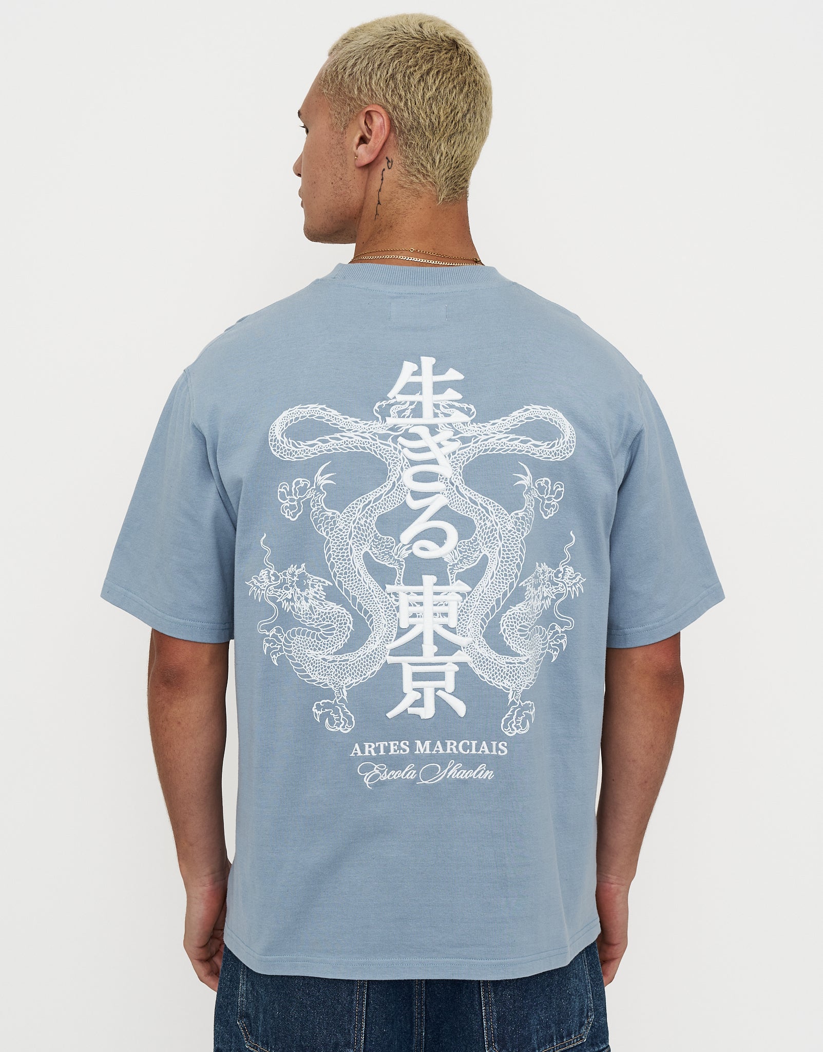 Dragon Embroidery Relaxed Fit T Shirt in Blue Mist | Hallensteins NZ