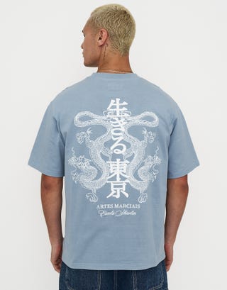 Dragon Embroidery Relaxed Fit T Shirt in Blue Mist Front