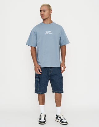 Dragon Embroidery Relaxed Fit T Shirt in Blue Mist Full