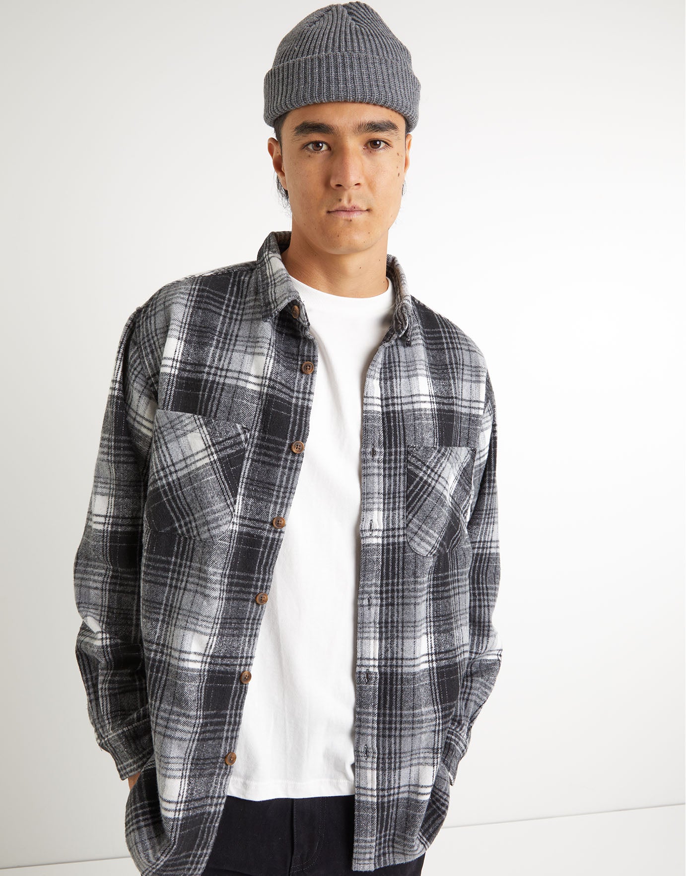 Check Long Sleeve Overshirt in Black 