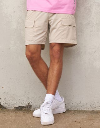 Nylon Zip Cargo Shorts in Tan Front
