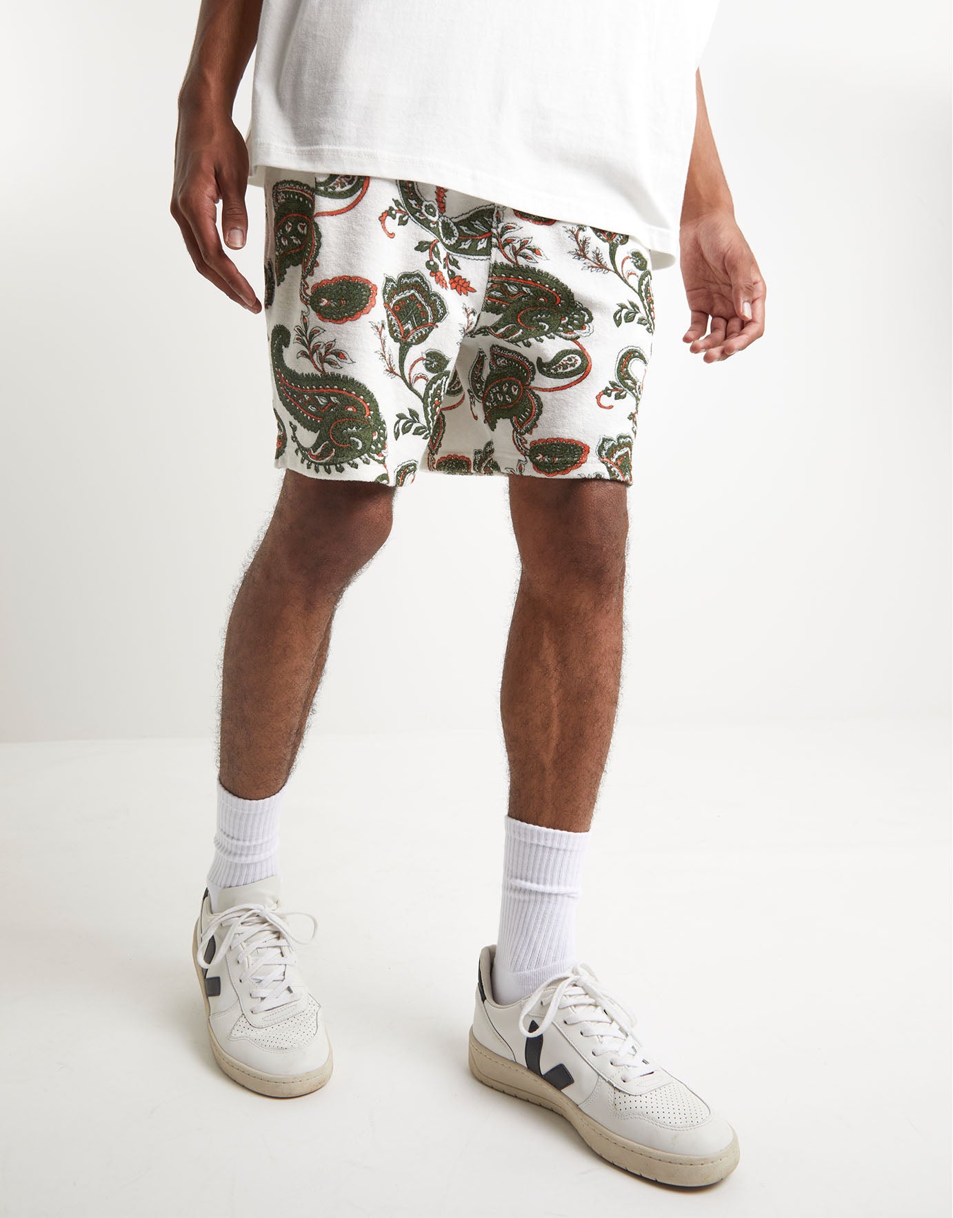 Paisley Baggy Fit Track Shorts in White 