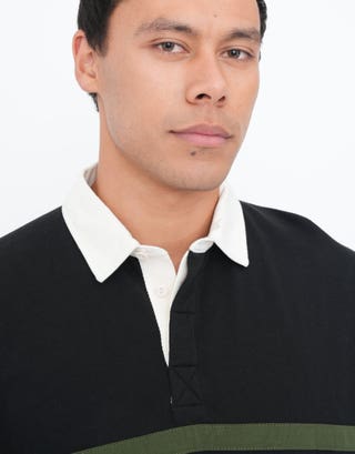 Panel Stripe Rugby Polo in Washed Black Detail2