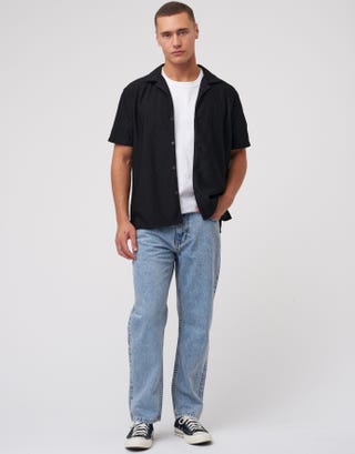 Plisse Pleated Relaxed Short Sleeve Shirt in Black Full