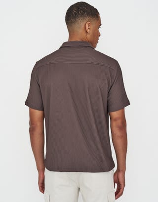 Plisse Pleated Relaxed Short Sleeve Shirt in Mocha Brown Back