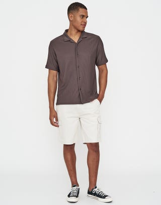Plisse Pleated Relaxed Short Sleeve Shirt in Mocha Brown Full